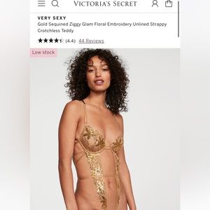VS Gold Sequined Ziggy Glam Floral Embroidery Unlined Strappy Crotchless Teddy L